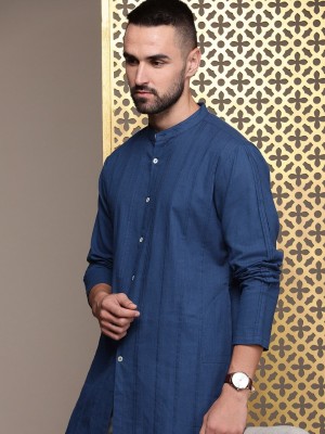 House of Pataudi Men Solid Straight Kurta(Blue)