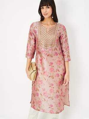 MAX Women Embroidered Straight Kurta(Pink)