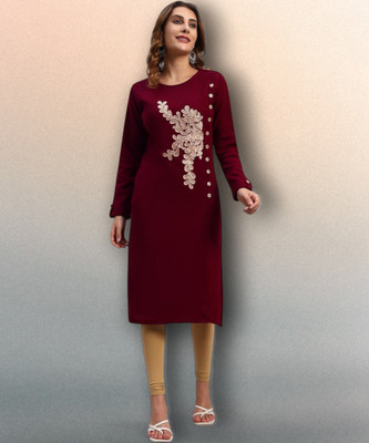DRESSBASE Women Self Design Straight Kurta(Maroon)