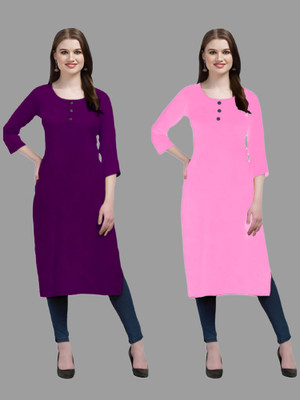 HOFC Women Solid Straight Kurta(Purple, Pink)