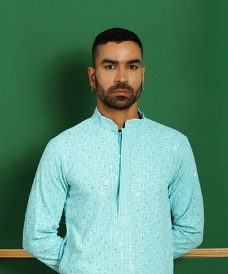 Jompers Men Embroidered Straight Kurta(Blue)