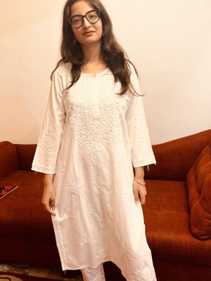 The Sufistore Women Chikan Embroidery A-line Kurta(White)