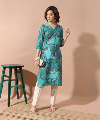 KETCH Women Printed Straight Kurta(Blue)