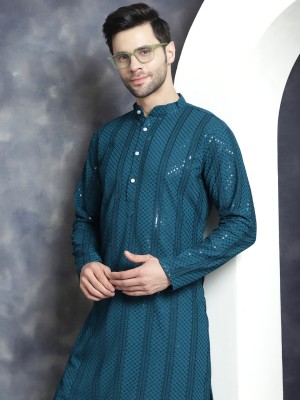 Jompers Men Embroidered Straight Kurta(Light Blue)