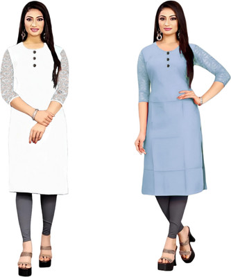 HOFC Women Solid Straight Kurta(White, Grey)