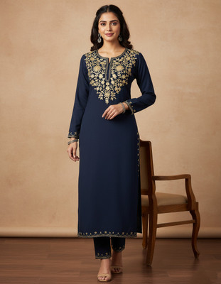 SUHAIL ANSARI Women Embroidered Straight Kurta(Dark Blue)