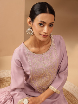 Janasya Women Embroidered Straight Kurta(Purple)