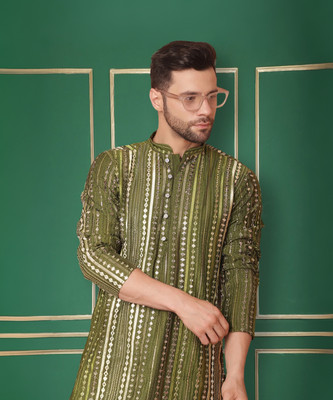 Jompers Men Embroidered Straight Kurta(Dark Green)