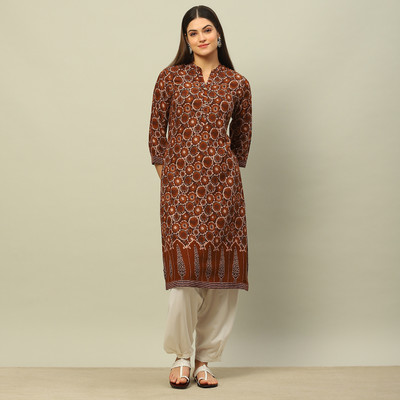 RANGRITI Women Printed Straight Kurta(Brown)