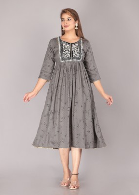 DADIYA Women Printed, Embroidered Anarkali Kurta(Grey)