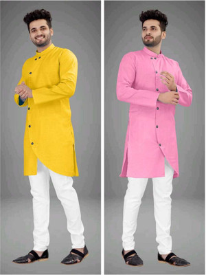 CRYSTALREVENUE Men Solid Trail Cut Kurta(Multicolor)