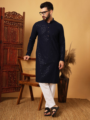 SWAGG INDIA Men Striped Straight Kurta(Blue)