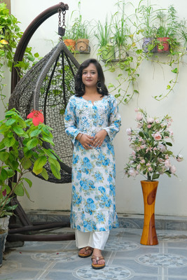 Elegance Hub Women Chikan Embroidery A-line Kurta(Blue)