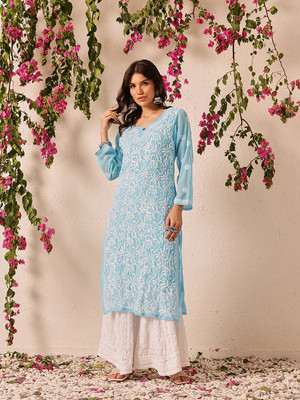 ADA Women Chikan Embroidery, Embroidered Straight Kurta(Blue)