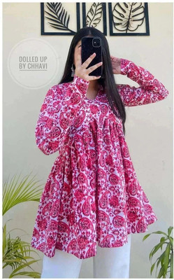 New RJP Craft Women Floral Print Flared Kurta(Pink)