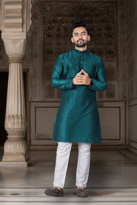 DHASU TRENDZ Men Checkered, Self Design Straight Kurta(Blue)