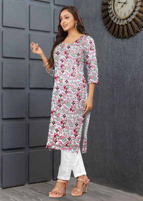Shaimhandloom Men Floral Print Straight Kurta(White)