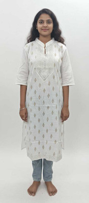 IQRAFAB Women Embroidered, Woven Design Straight Kurta(White)