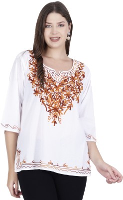 ukal Women Chikan Embroidery Cape Top Kurta(White)