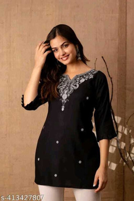 Lasafiya Women Embroidered Straight Kurta(Black)