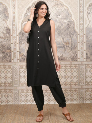 Vishudh Women Embroidered Straight Kurta(Black)