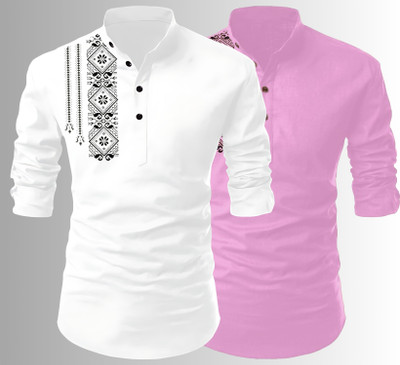 Kavyangle Creation Men Printed Straight Kurta(White, Pink)