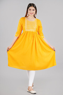 GULJAR FASHION Women Embroidered A-line Kurta(Yellow)