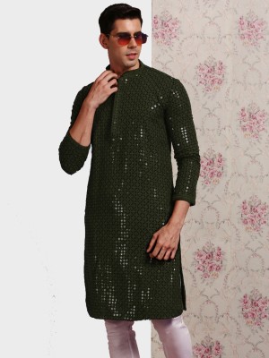 Sanwara Men Embellished Straight Kurta(Green)