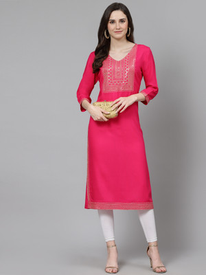 his&her Women Embroidered Straight Kurta(Pink)