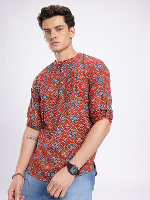Anouk Rustic Men Floral Print Straight Kurta(Maroon)