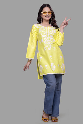 shivshakti faishon Women Chikan Embroidery A-line Kurta(Yellow)