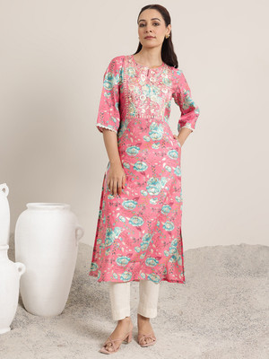 LIBAS Women Printed Straight Kurta(Pink)