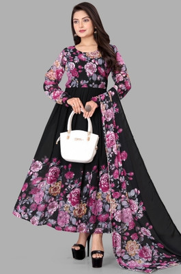Parth Creation Women Floral Print Anarkali Kurta(Black)