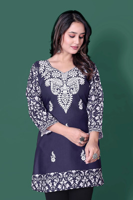 BNCOLLECTION Women Chikan Embroidery Tunic Kurta(Dark Blue)