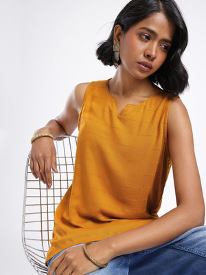 Anouk Rustic Women Striped Straight Kurta(Yellow)