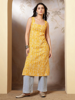 Nayo Women Printed Straight Kurta(Yellow)