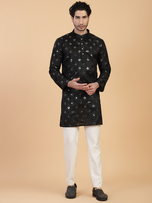 CHIRASVI Men Embroidered Straight Kurta(Black)