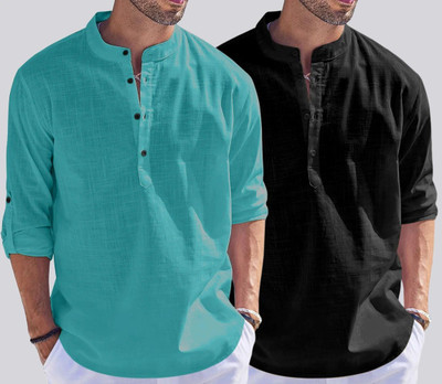 ZARTHA Men Solid Straight Kurta(Black, Blue)