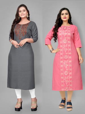 Fabriza Women Embroidered A-line Kurta(Grey, Pink)