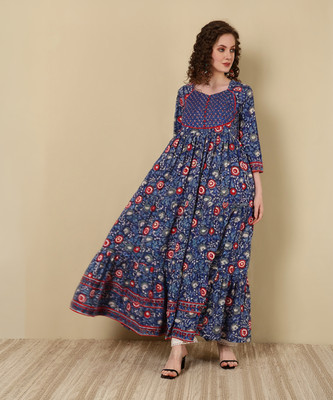 GLAM ROOTS Women Floral Print Flared Kurta(Blue)