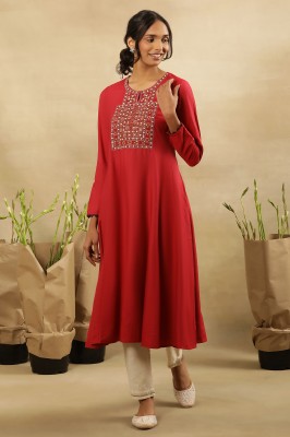 W Women Embroidered Flared Kurta(Pink)