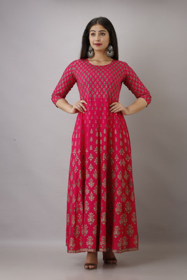ftDiva Women Printed Anarkali Kurta(Pink, Gold, Green)