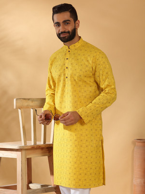 kraft india Men Geometric Print Straight Kurta(Yellow)