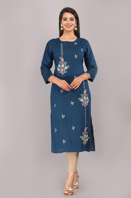Mehsoos Women Embroidered Straight Kurta(Dark Blue)