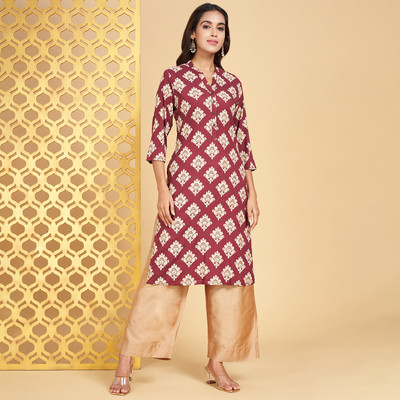 Rangmanch by Pantaloons Women Printed Straight Kurta(Maroon)