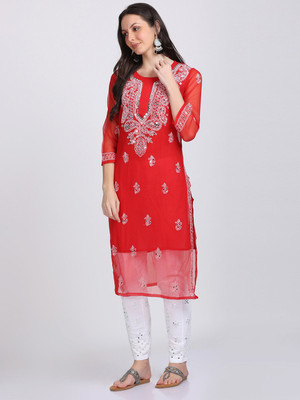 Ekkambar Women Chikan Embroidery Straight Kurta(Red)