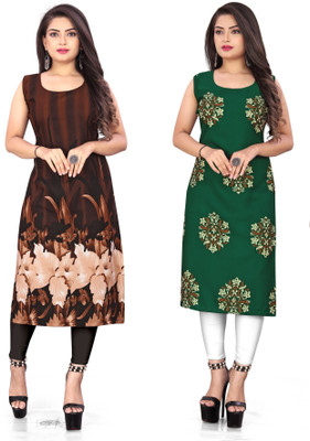 maruti fab Women Floral Print Straight Kurta(Brown, Green)