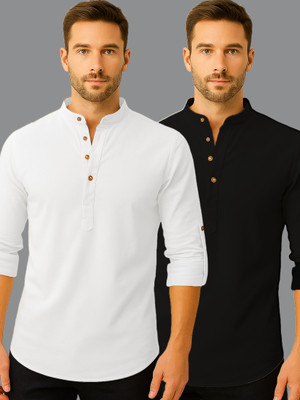 Vida Loca Men Solid Straight Kurta(White, Black)