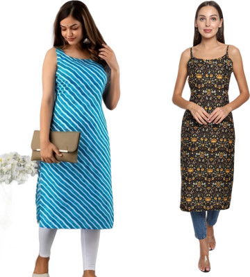 KAUTAQI Women Printed, Striped Straight Kurta(Multicolor)
