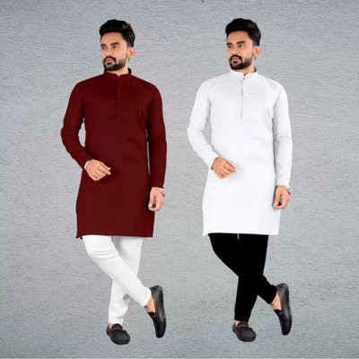 HOC's Men Solid Straight Kurta(Maroon, White)